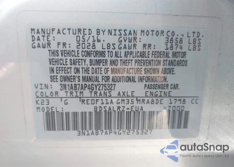 2016 Nissan Sentra Fe+ S/S/Sl/Sr/Sv из США, поврежденный, VIN 3N1AB7AP4GY275327